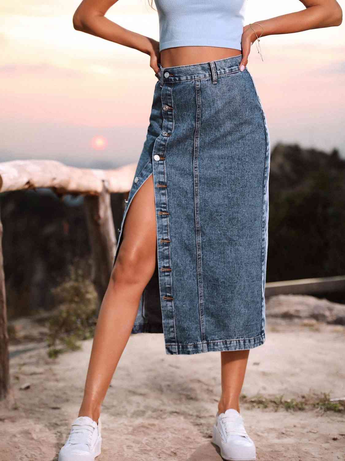 RIVET™ Button-Front Denim Midi Skirt