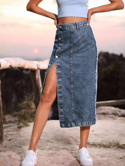RIVET™ Button-Front Denim Midi Skirt