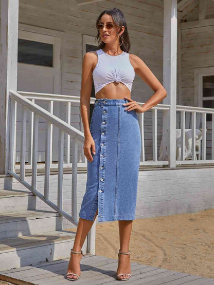 RIVET™ Button-Front Denim Midi Skirt