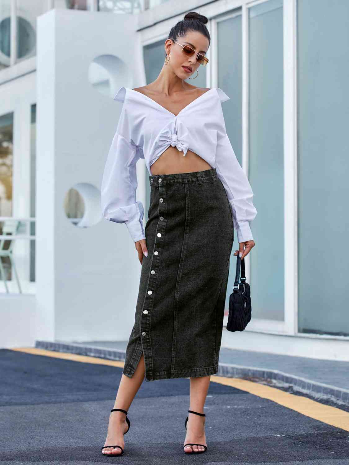 RIVET™ Button-Front Denim Midi Skirt