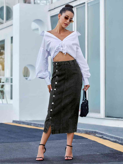 RIVET™ Button-Front Denim Midi Skirt