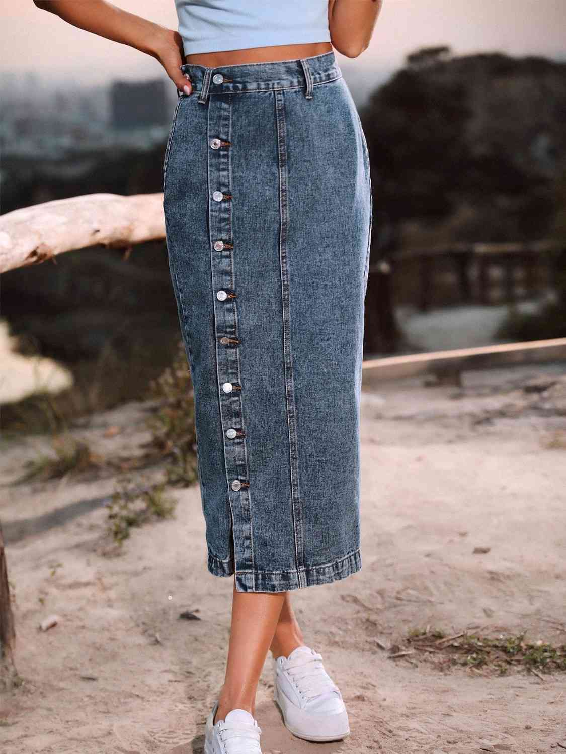 RIVET™ Button-Front Denim Midi Skirt