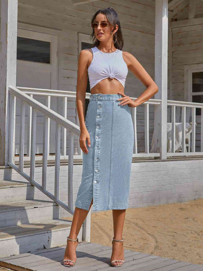 RIVET™ Button-Front Denim Midi Skirt